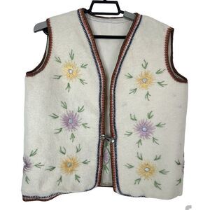 Vintage Handmade Wool Vest Womens Medium Floral Flowers Boho Grandmacore White‎